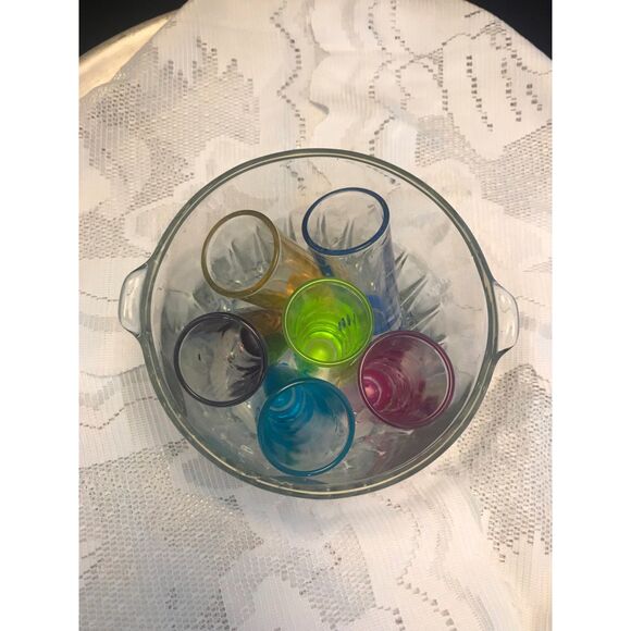 Crisa Kristalino Glass Ice Bucket and 6 Colored Shot Gasses - Picture 3 of 4